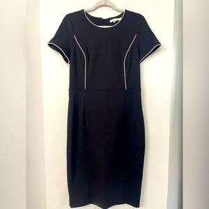 Boden, size 10, women’s black midi fitted lined pencil dress with white piping